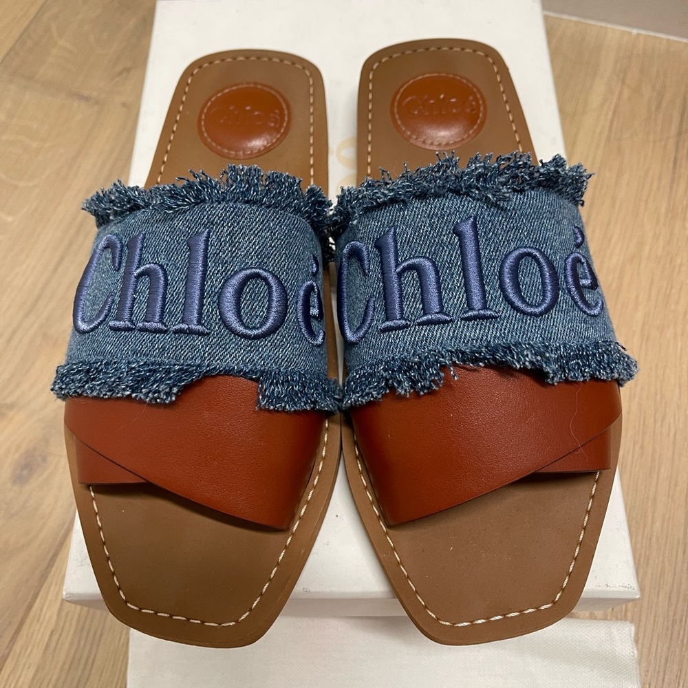 Chloe Woody Logo Sandals in Deep Denim (size 37)